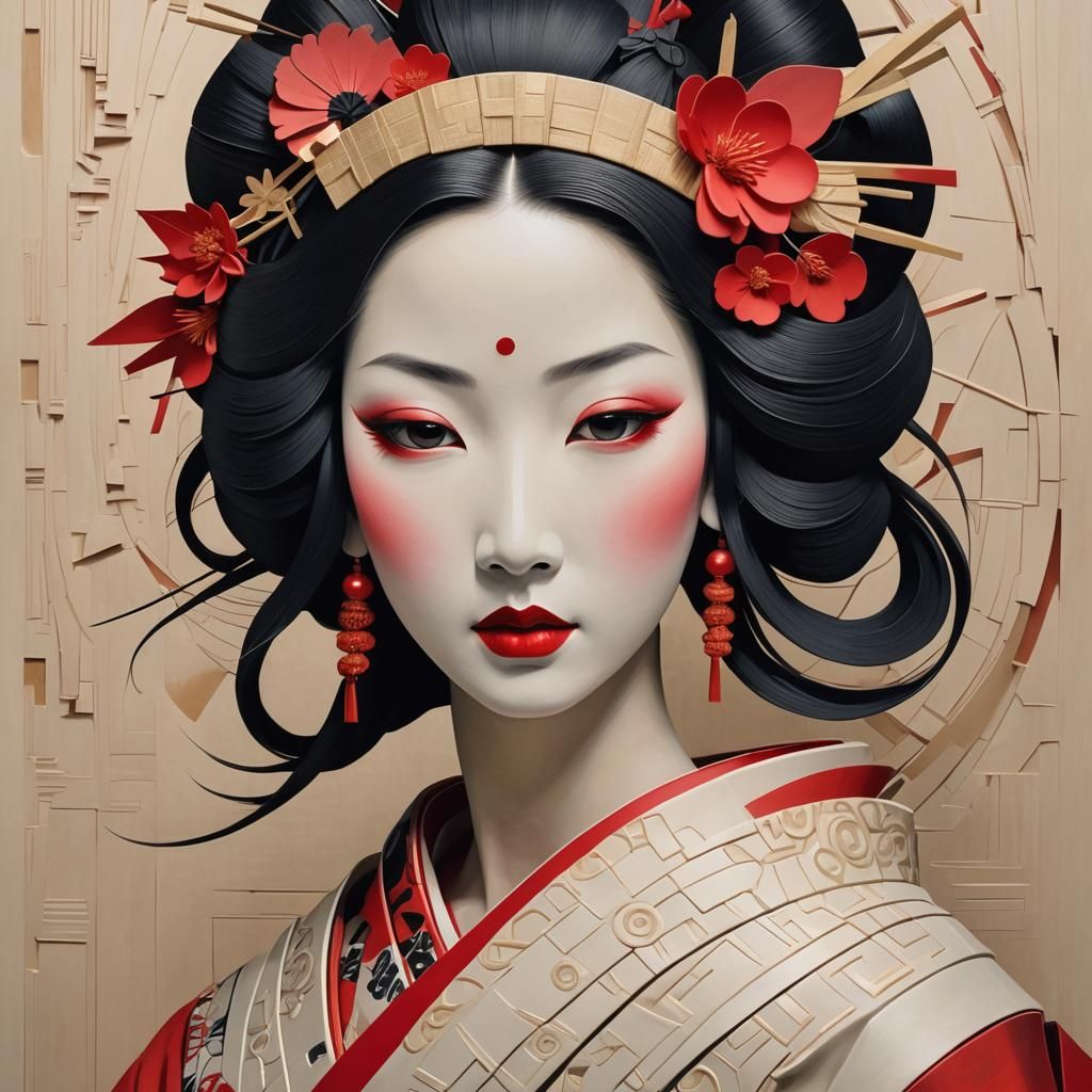 kirigami artwork of a strikingly beautiful geisha; Kurt Schw...