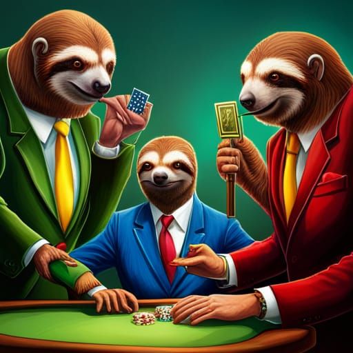 a group of tree sloths dressed in suits at a casino playing poker at a ...