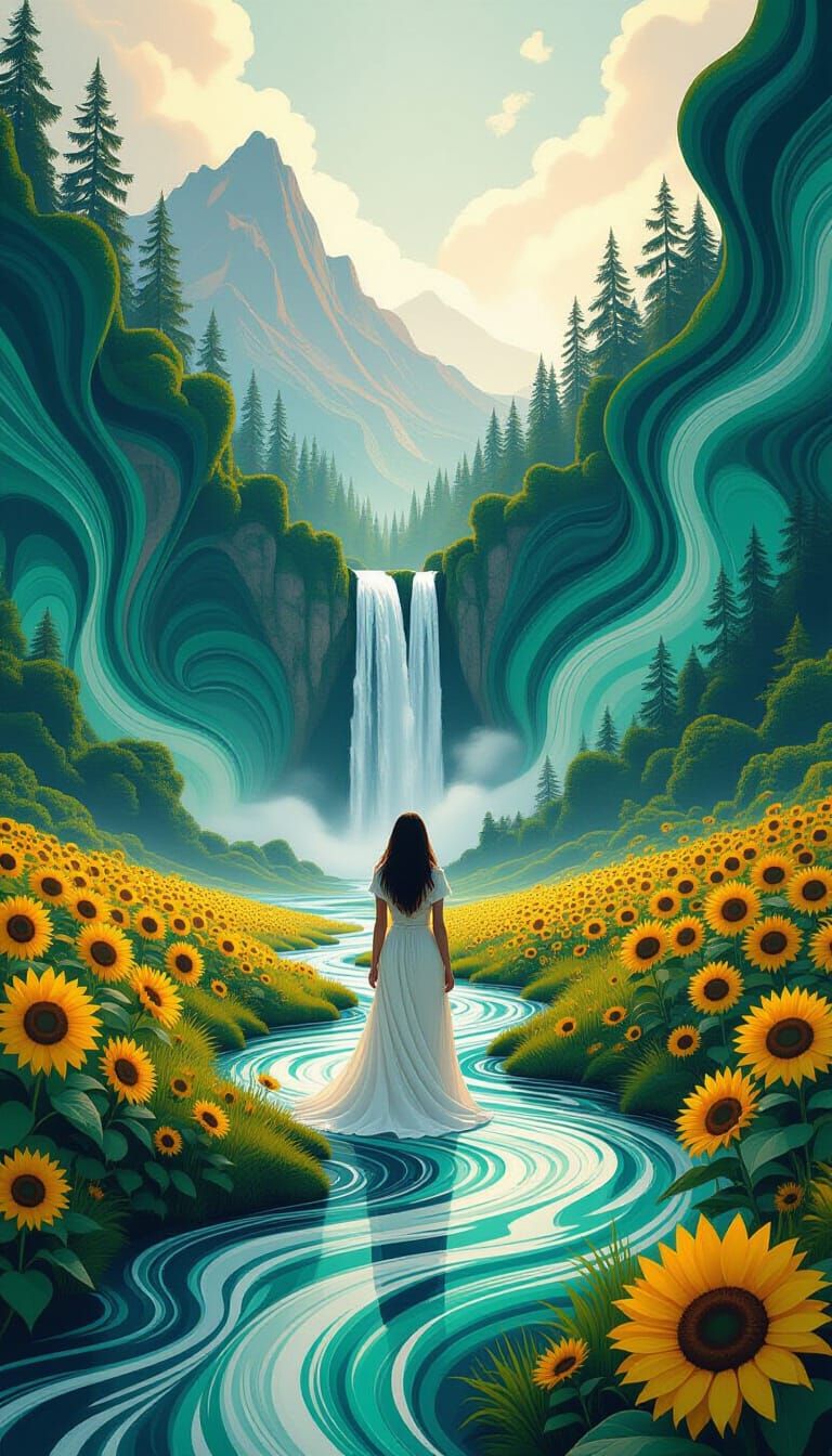 Woman in Serene Liquid Art Landscape
