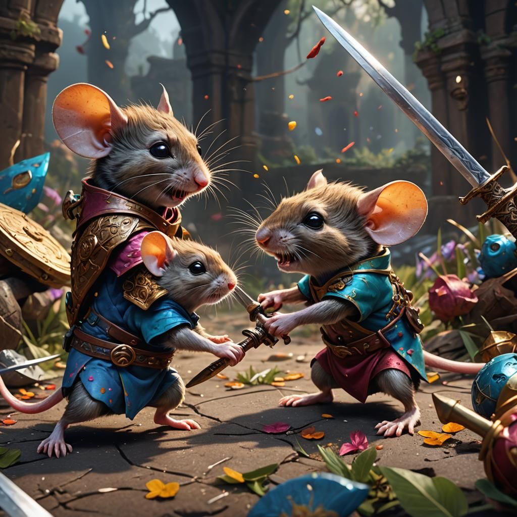 A colourful baby mouse fighting with swords - AI Generated Artwork ...