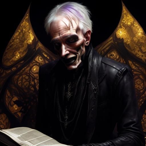 <lora:Gothic portraits:1.0> an old man reading a black leath...
