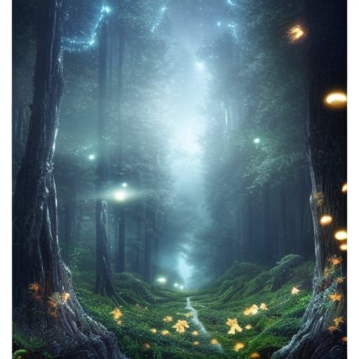 A fairytale landscape of a dark forest with a starry night h...