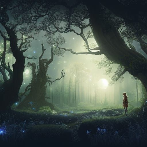 A fairytale landscape of a dark forest with a starry night h...
