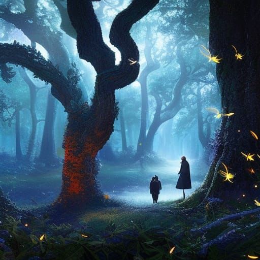 A fairytale landscape of a dark forest with a starry night h...