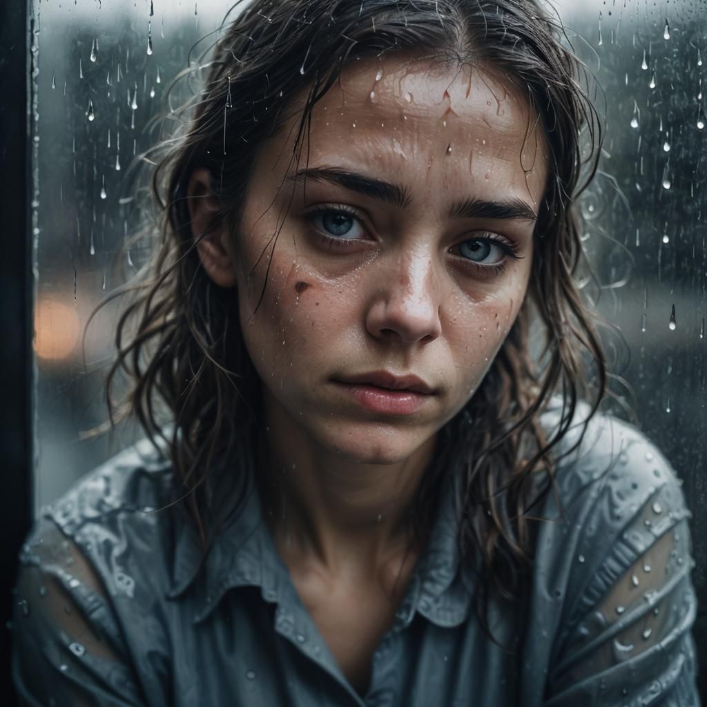 the girl is sitting in the room looking out the window, it i...