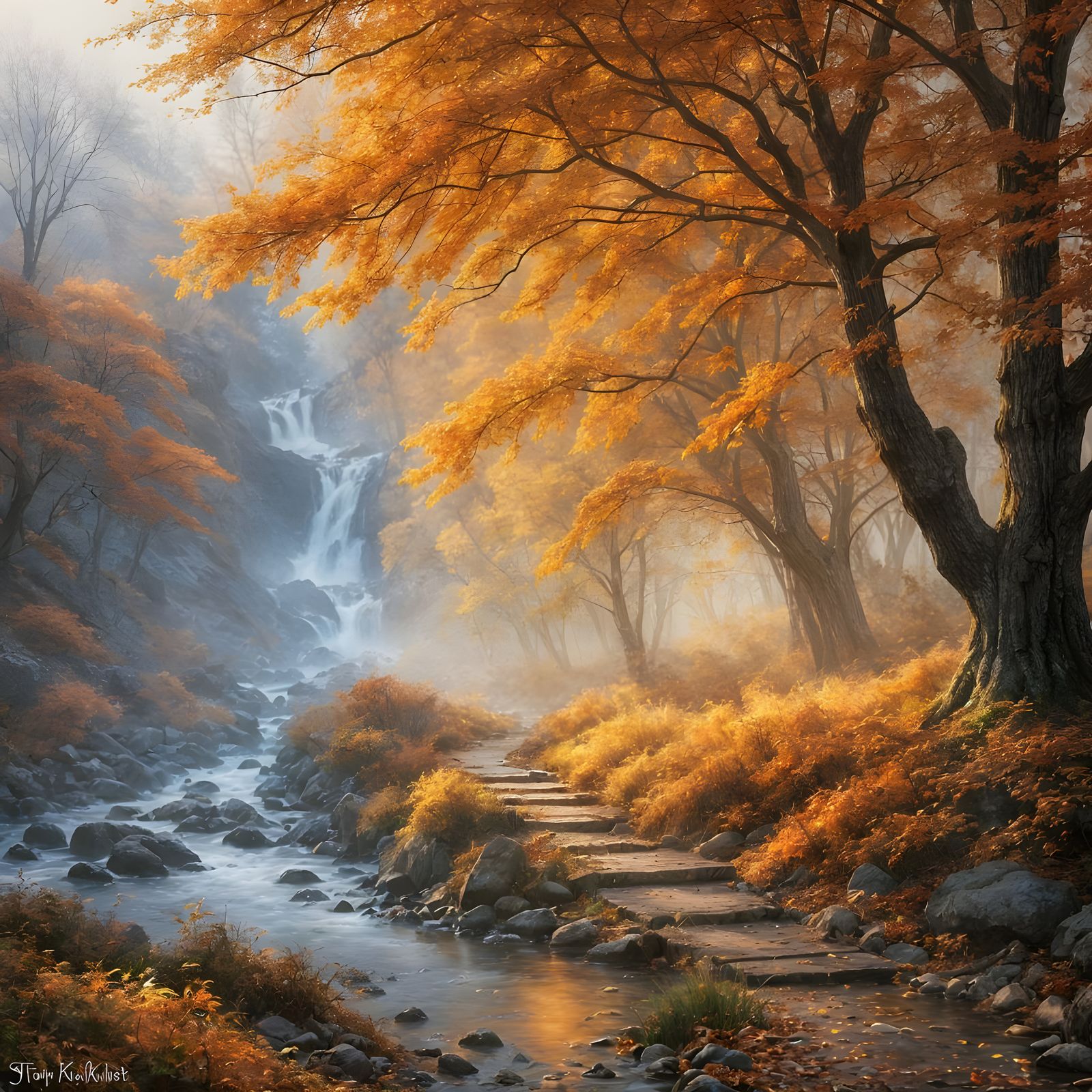 Autumn into winter. Frost on the ground. Leaves starting to turn orange, stream starting to ice over. ...  by @Irene