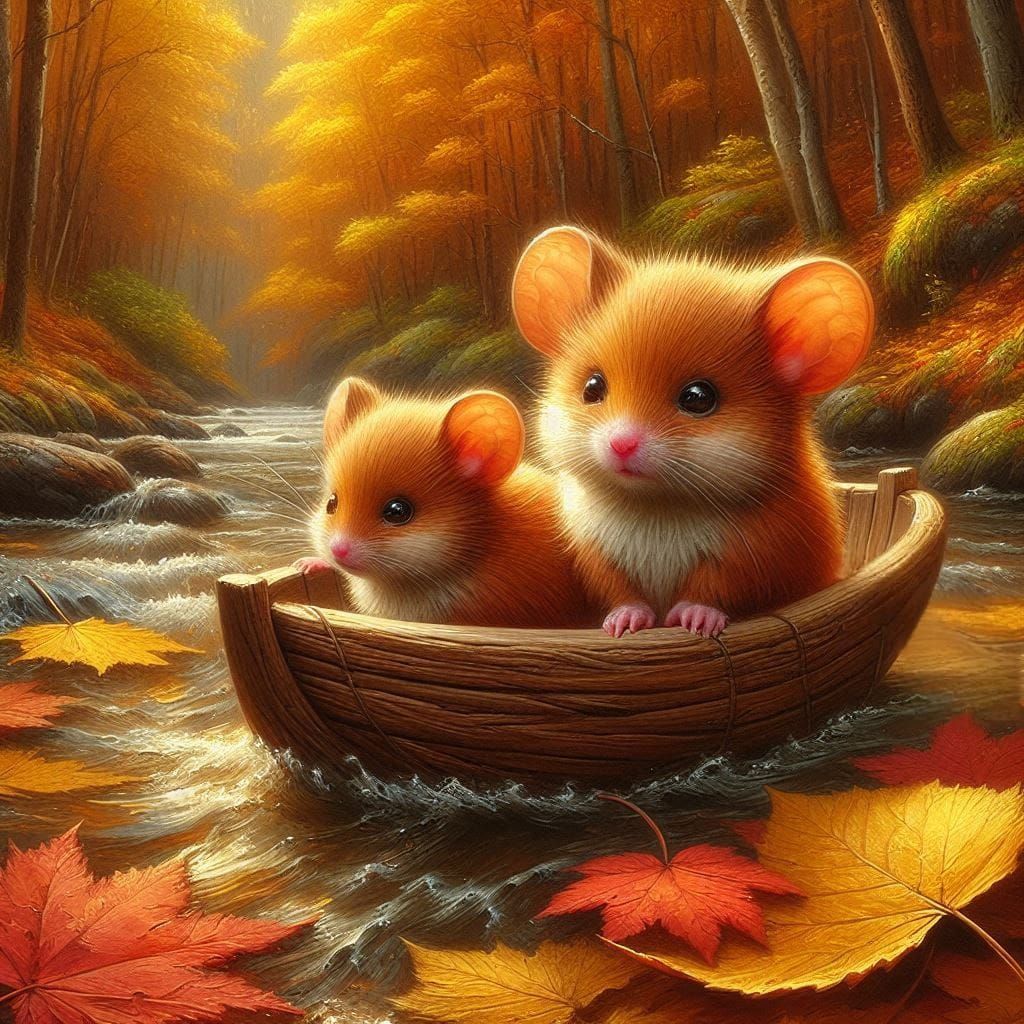 Wooden boat through autumn forest