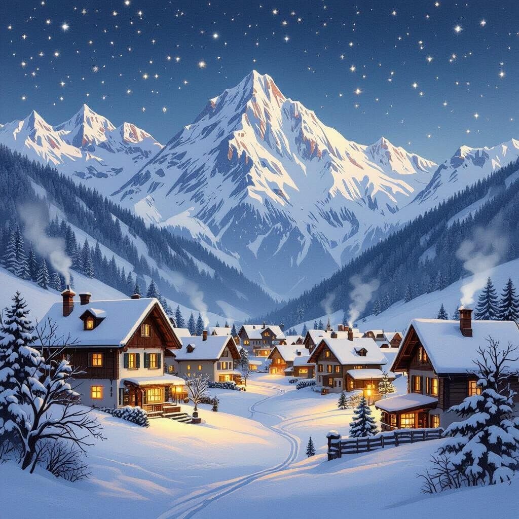 A quaint, snow-covered Swiss village nestled in a valley, with warm lights glowing from windows and smoke curling from chimneys. Majestic, s...