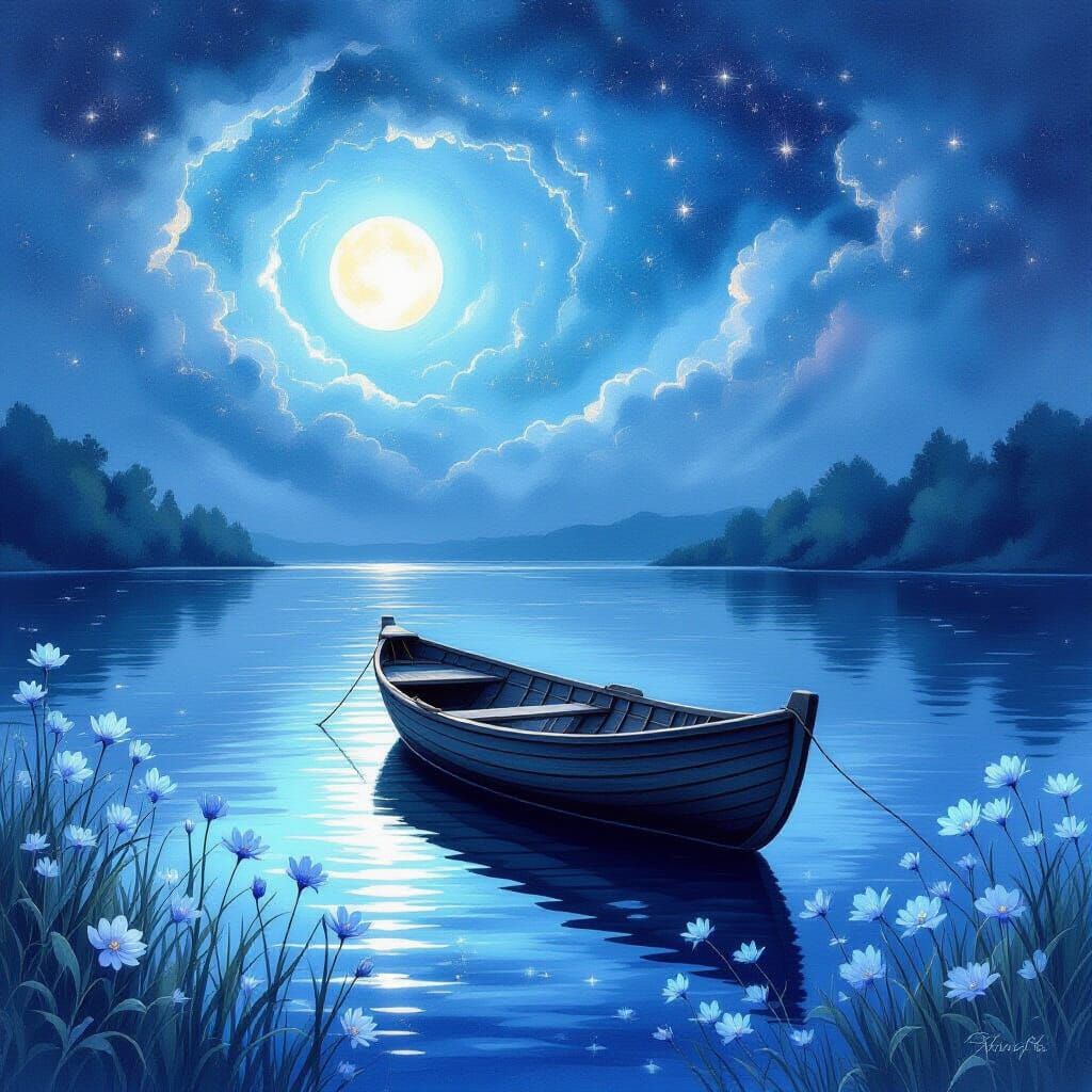 A solitary, antique wooden boat drifts on a calm, moonlit lake, its surface reflecting a sky full of ...  by @work