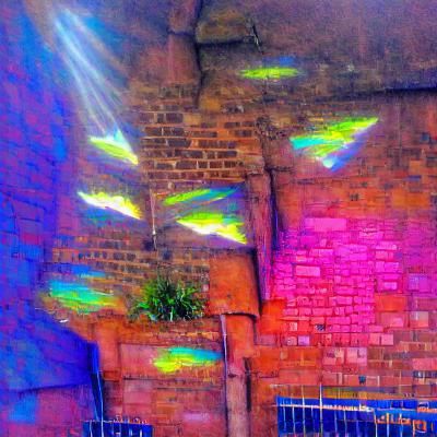 Creeping rays of light protruding through brick wall colourf...