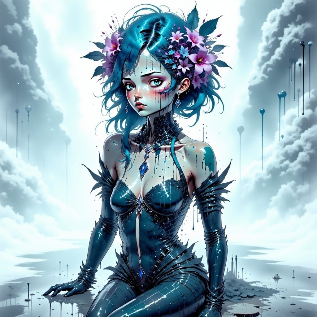 <lora:Ttogttog Ingkeu Fx:1.0>, insane fashion photography beautiful young woman serene futuristic Cyberqueen translucent skin robotic head s...