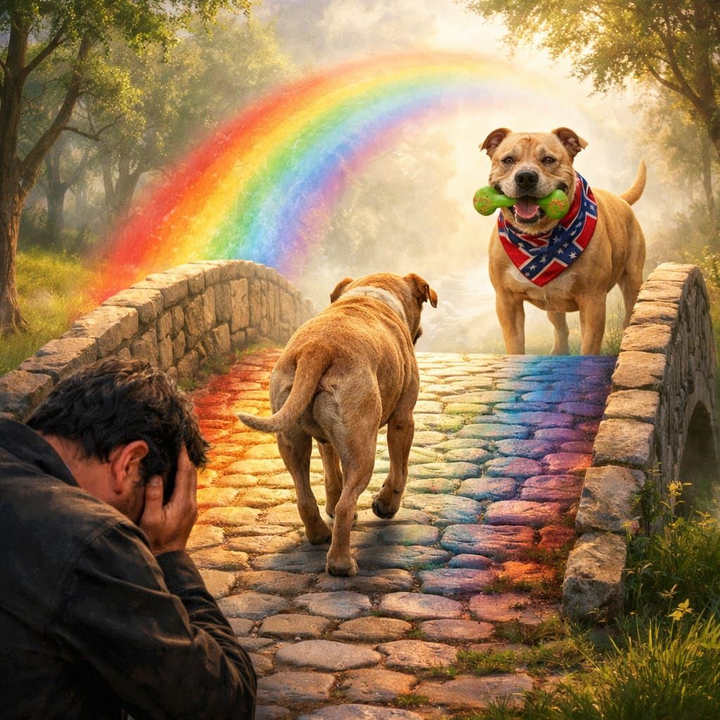 An image of an old tan colored and slightly greying Pitt bull dog leaving behind a sad and lonely dark haired master wat...