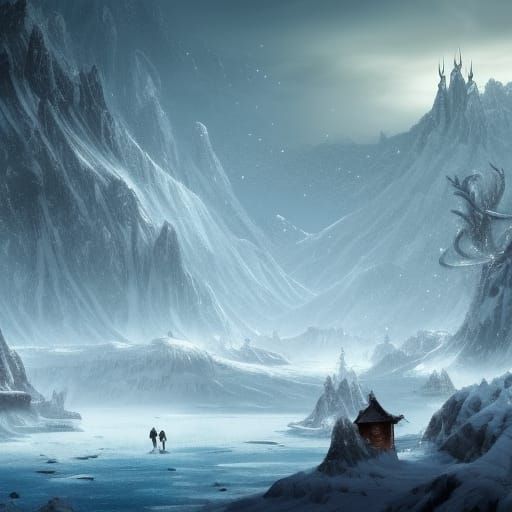 An elven village in a barren snow land. There is a frozen ri...