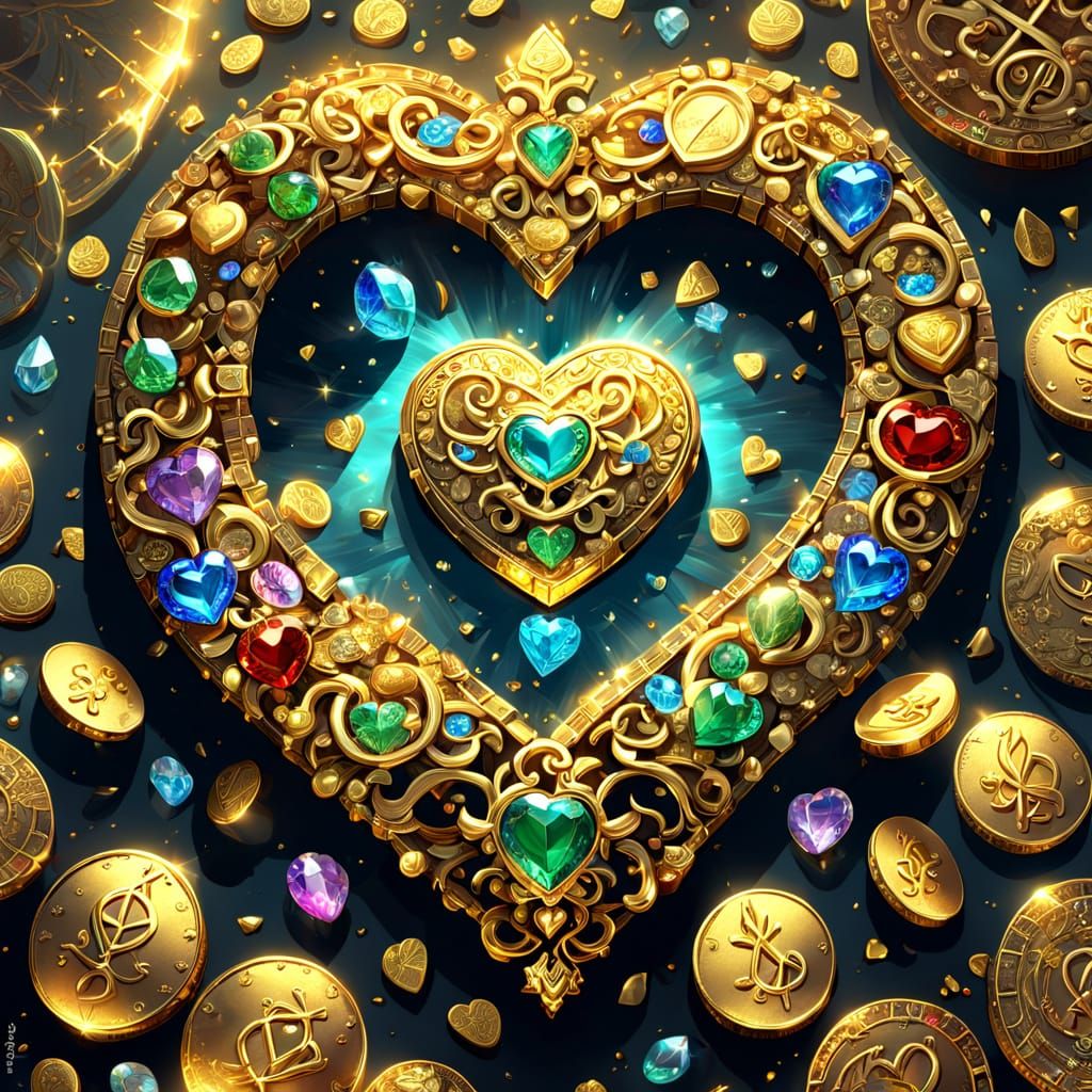 UNA IMAGEN DE RIQUEZAS LUJO DINERO JOYAS MEZCLADOS CON CORAZONES Y SIMBOLOS DE LA PAZZ