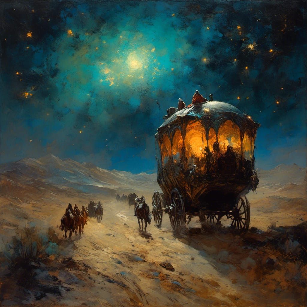 <lora:MJ6 Painterly:1.0>A nomadic caravan traversing a desert landscape under a starry sky, expressionism painting, the overall style has e...