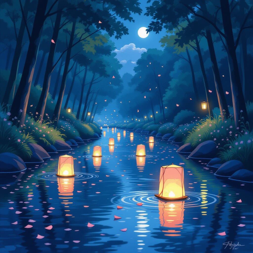 Glowing Lanterns on River in Ghibli Sumi-e Style