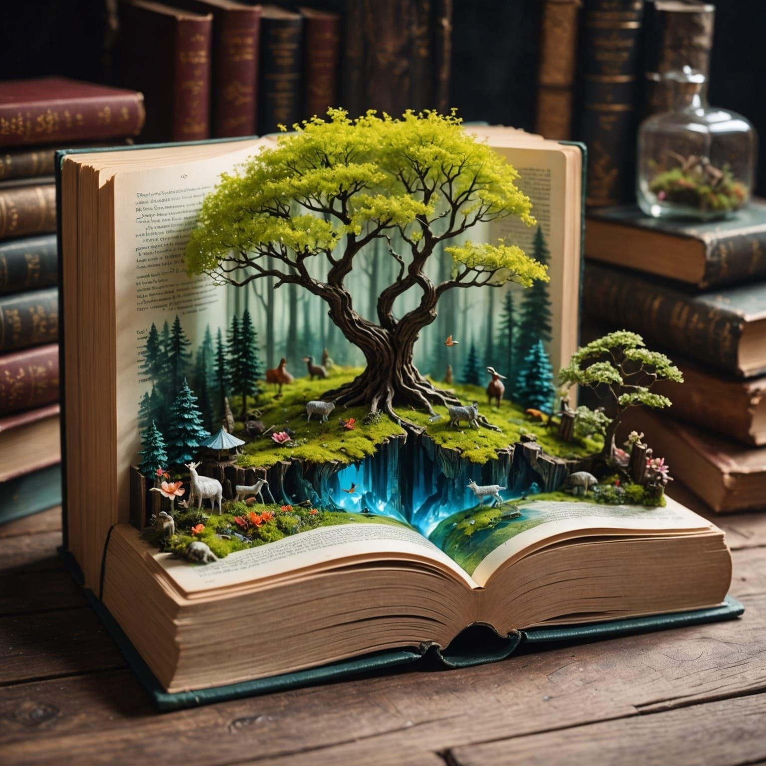 Fantasy Book

Visualize an exquisite (((double exposure miniature landscape))) beautifully interwoven within the pages of a (((classic books...