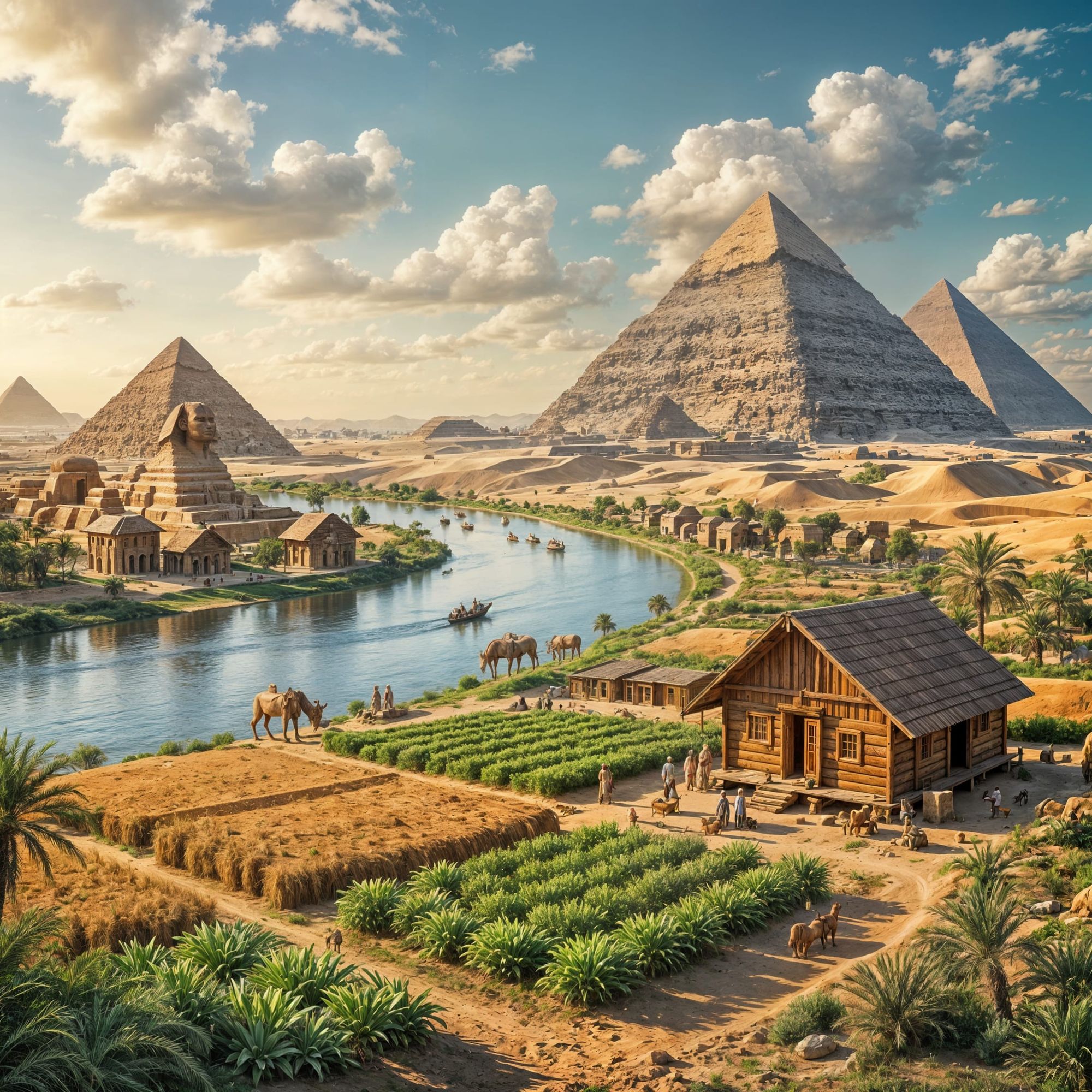 Wooden buildings and fertile fields along the Nile within easy reach of the Egyptian pyramids and the Sphinx. Surreal fantasy.