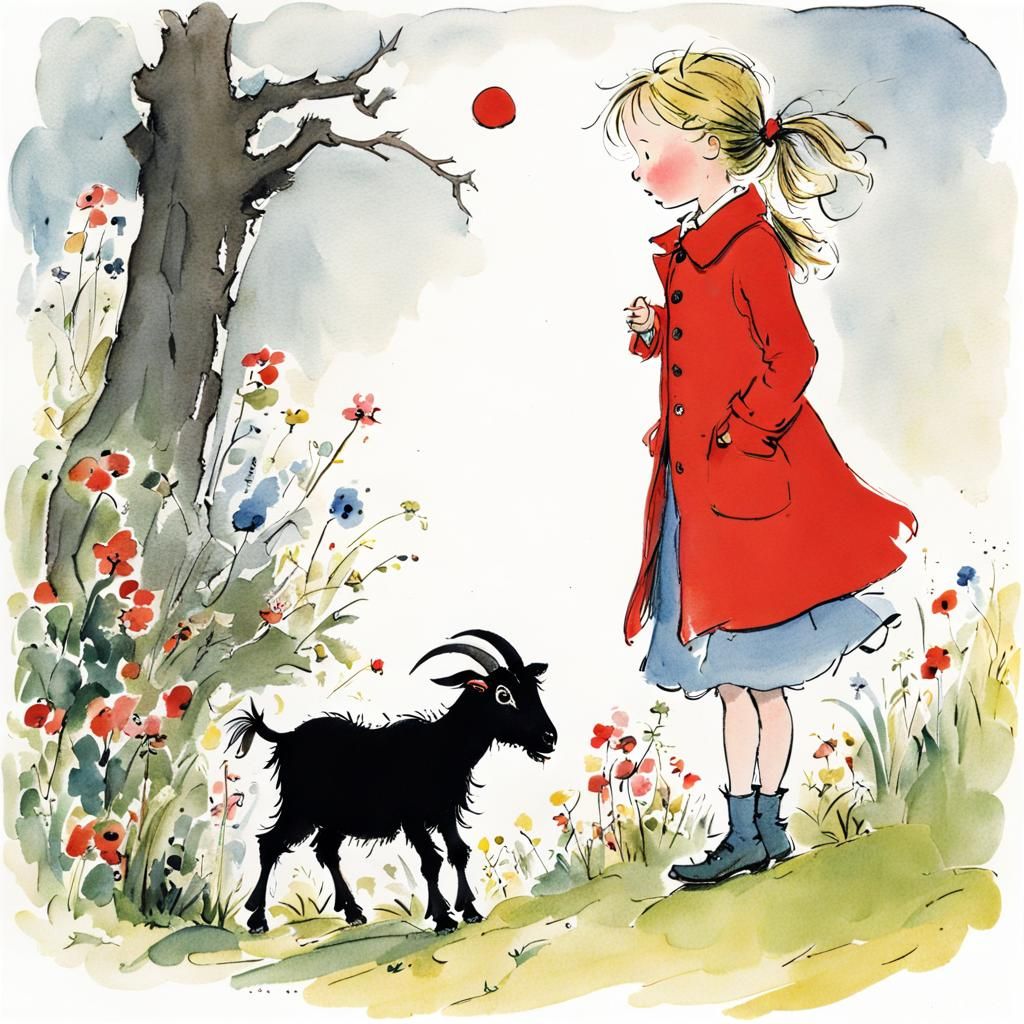 A girl. I've lost a button from my red coat, it MUST have been our black goat. illustration by Quentin ...  by @David Cameron Law