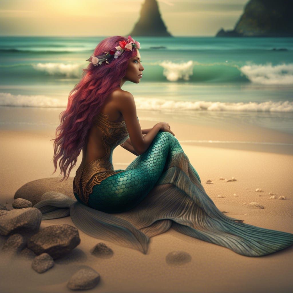 pretty mermaid sitting alone on a caribbean beach