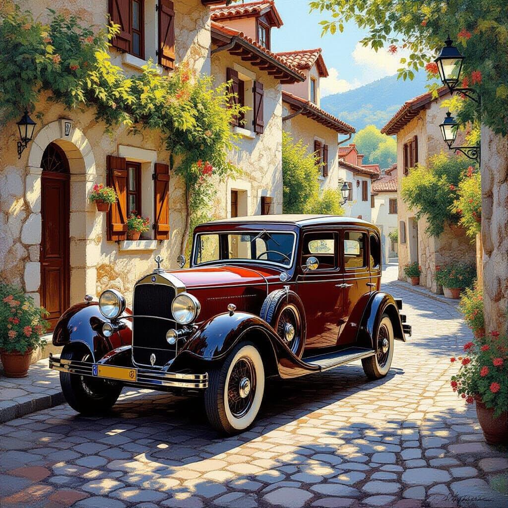 A vintage car, meticulously detailed with ornate carvings, parked on a cobblestone street in a quaint ...  by @John Doe