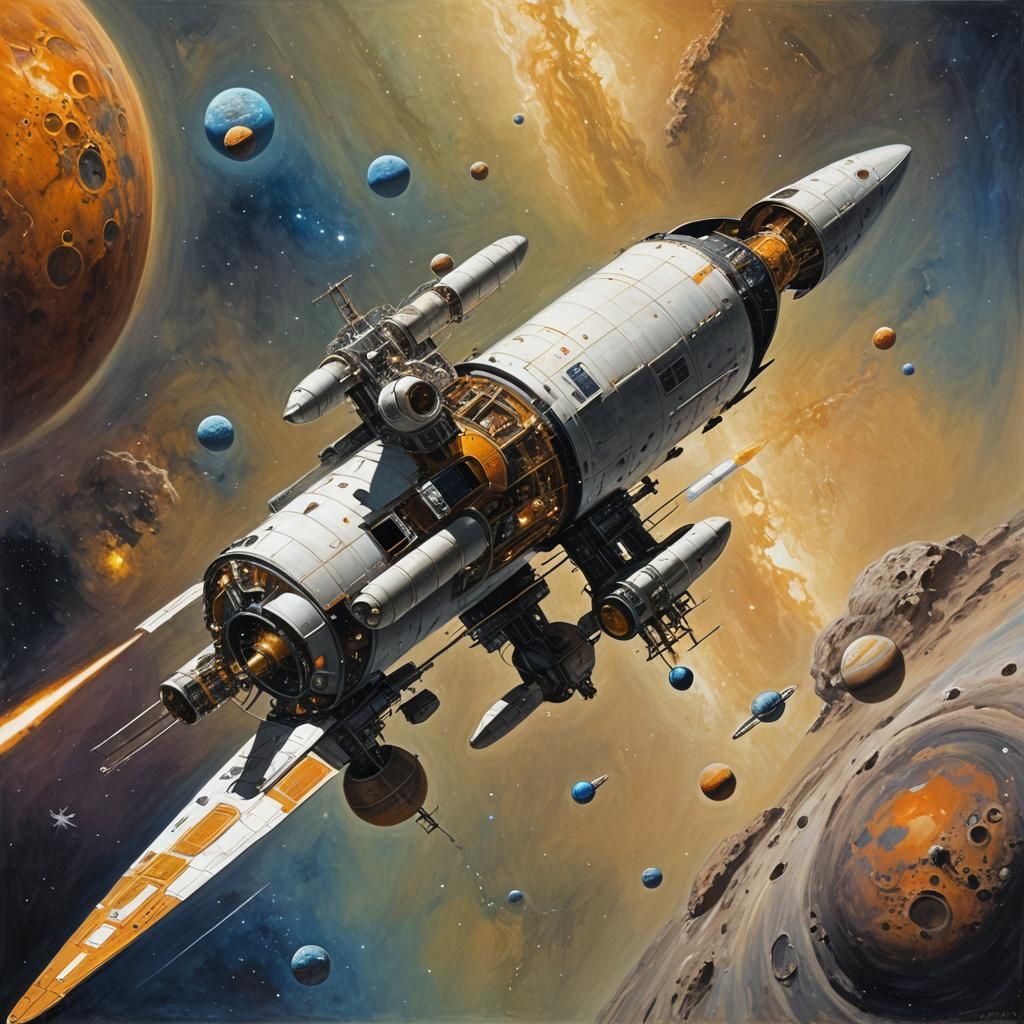 Cylindrical space ship with two external drive pods traversi...