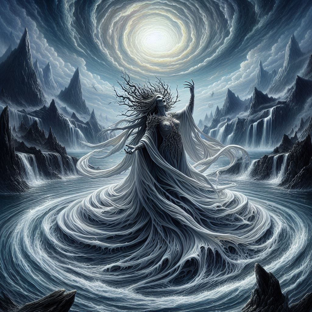 a river queen rising from a swirling whirlpool, death hues