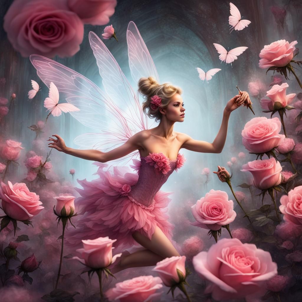 A beautiful realistic fairy dressed in all pink has pink tra...