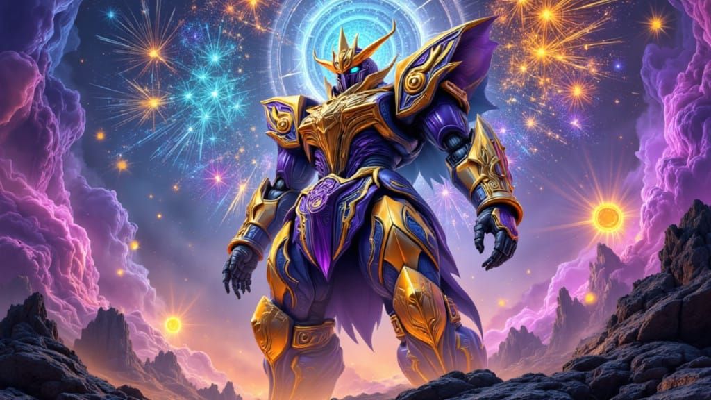 A divine mecha woven from the tapestry of virtues, each of the seven virtues manifested as radiant auras, interlaced with surreal geometric ...