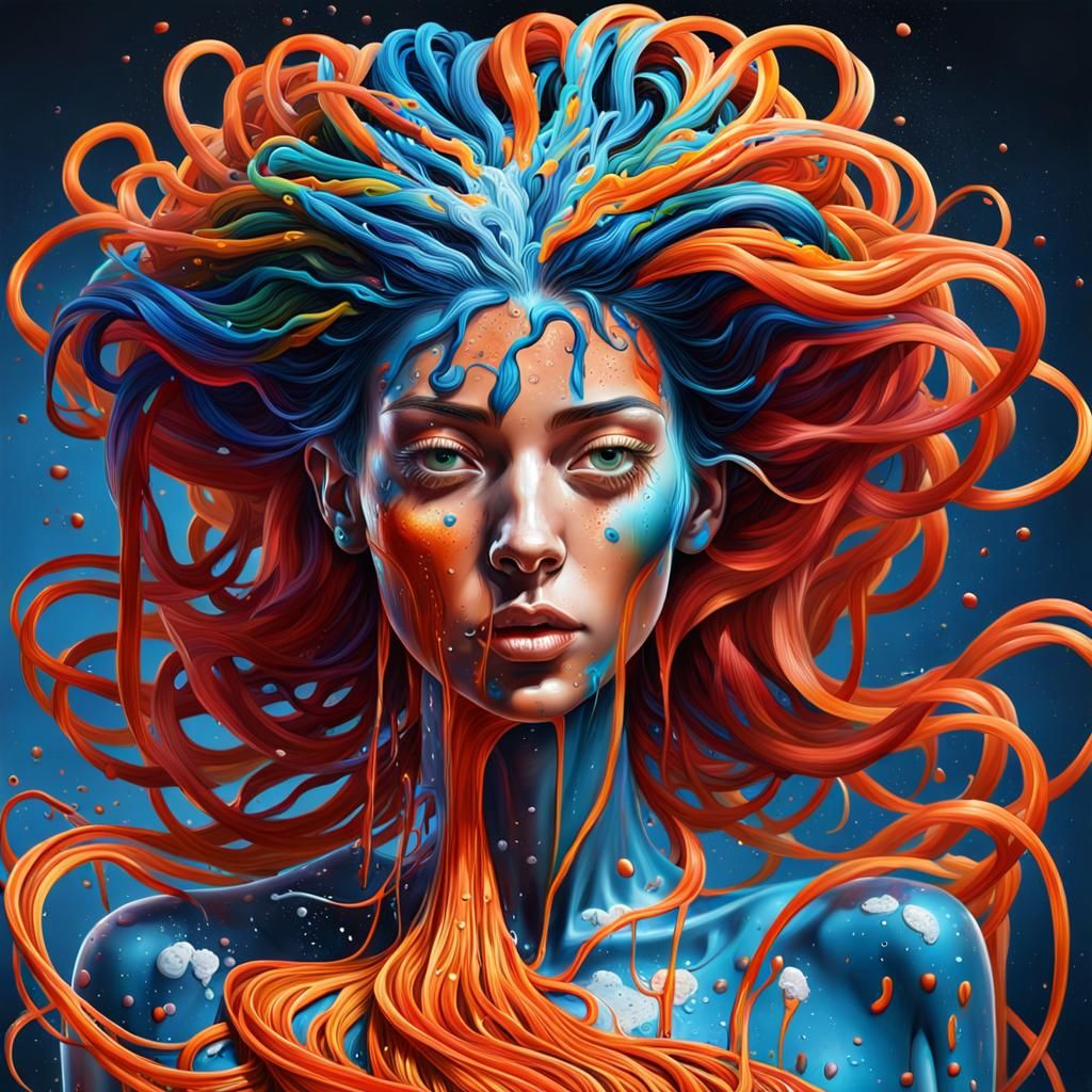 Spaghetti woman ..a painting of a woman with colorful spaghetti hair ...