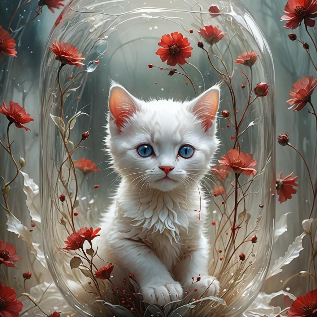 White Kitten with red flowers  by @Mapont