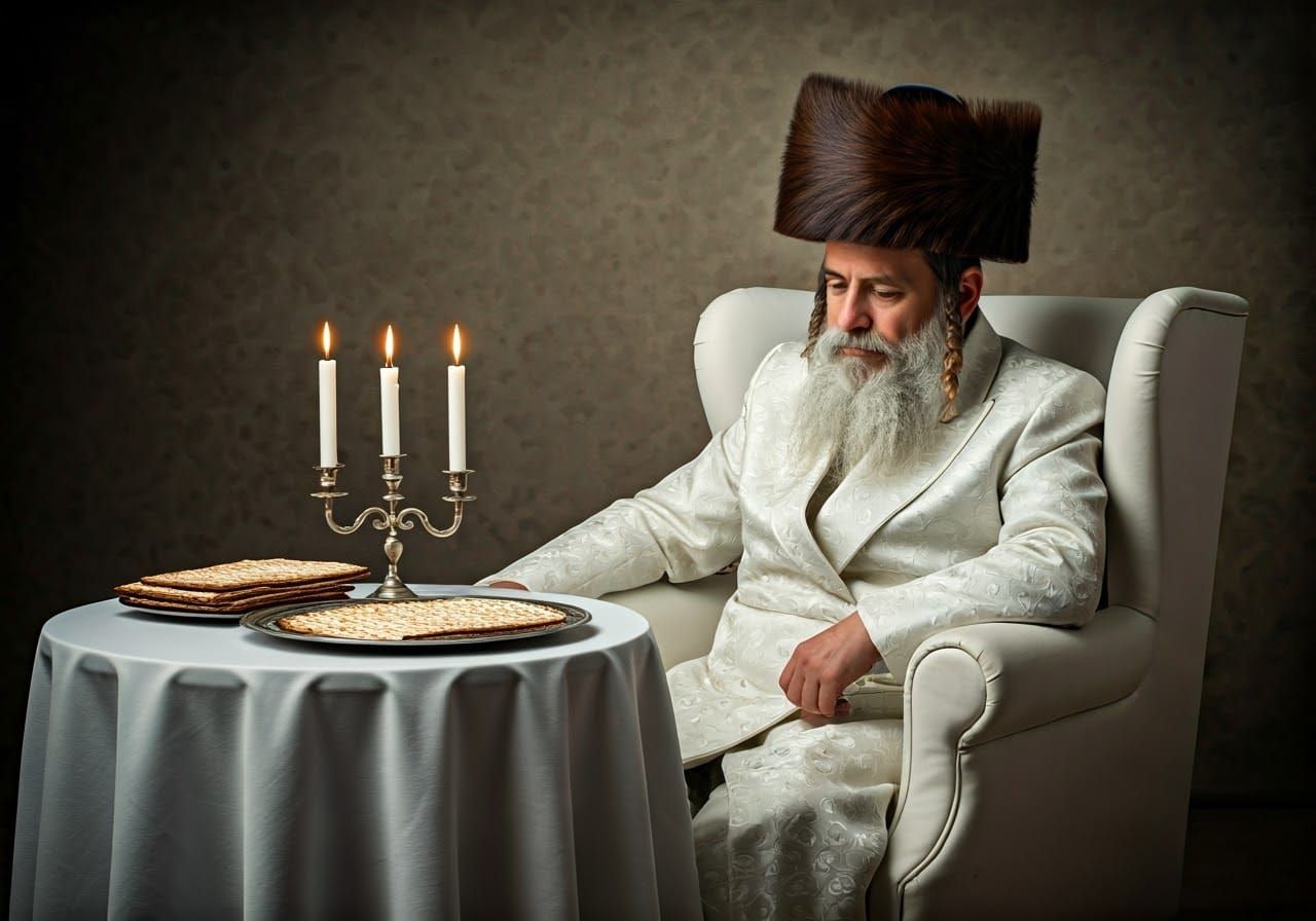 Serenely Dressed Hasidic Jew in White Suit with Silver Threa...