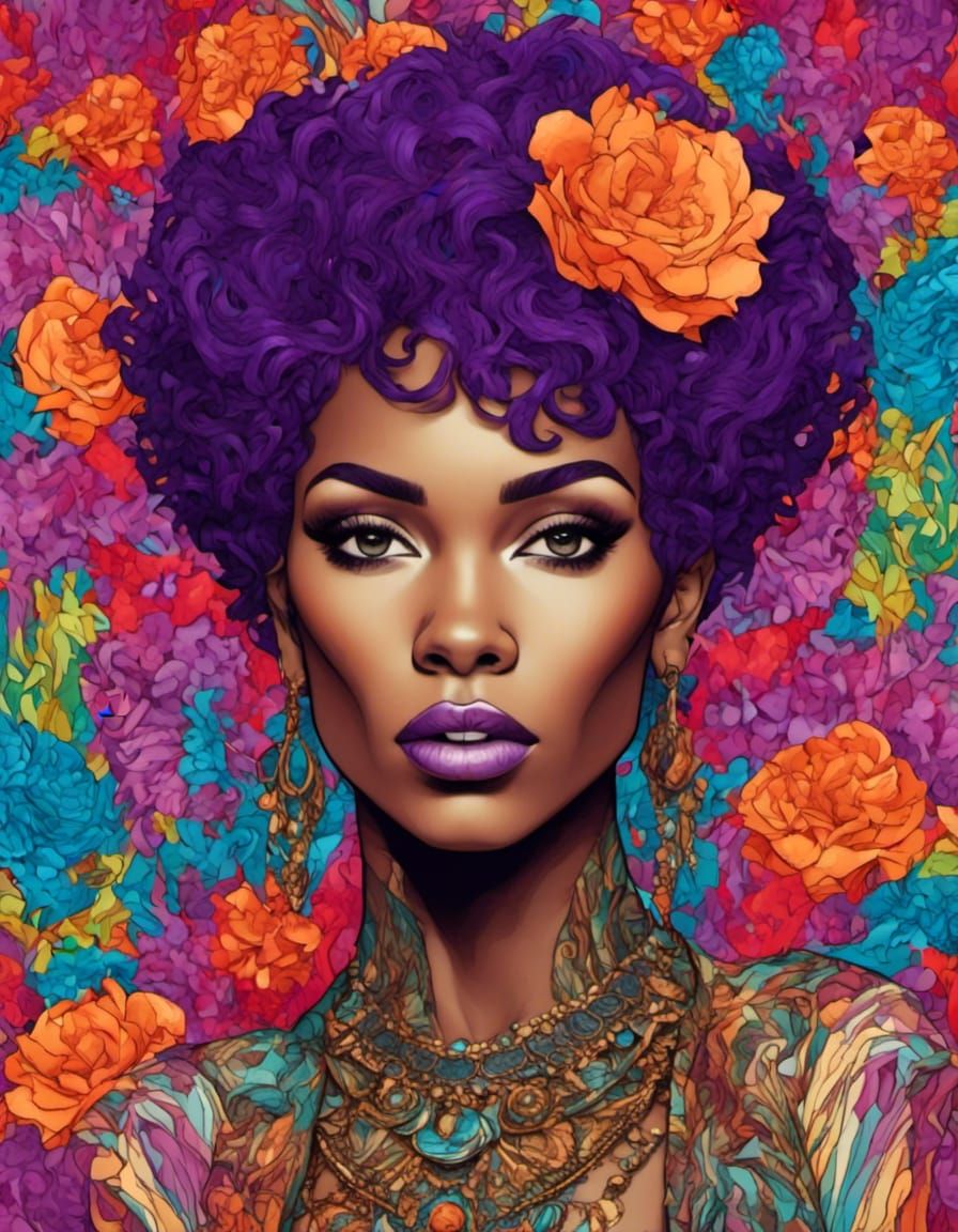 melanated, short hair, flowers, rainbow <lora:Selective Color Art:1.0> 