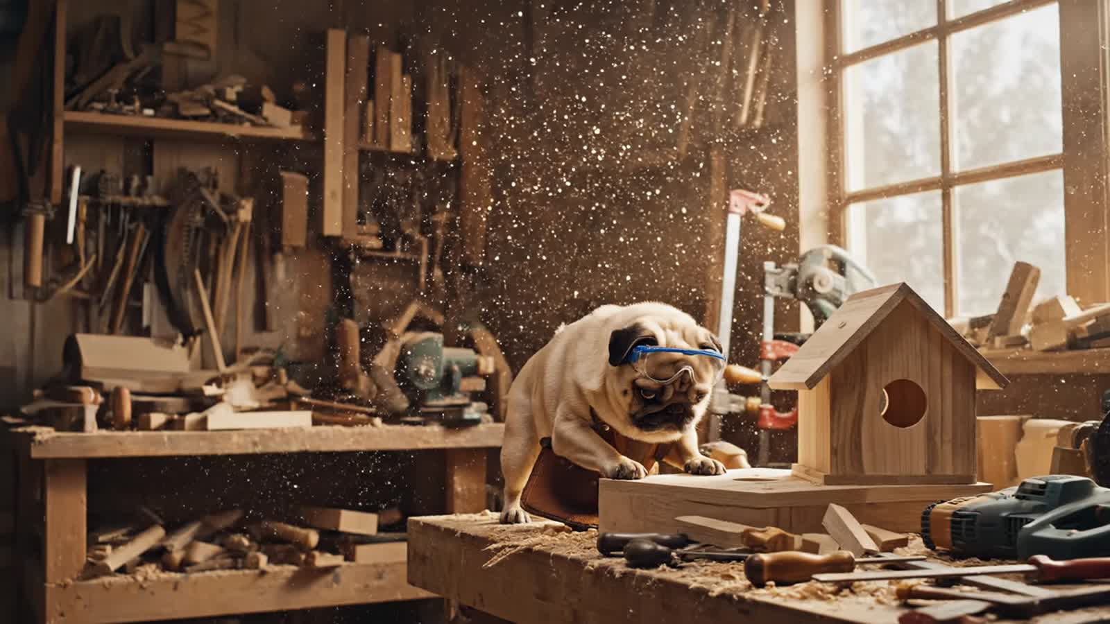 A pug working in a wood workshop, being asked if they are able to create what they are working on, than showing attitude...