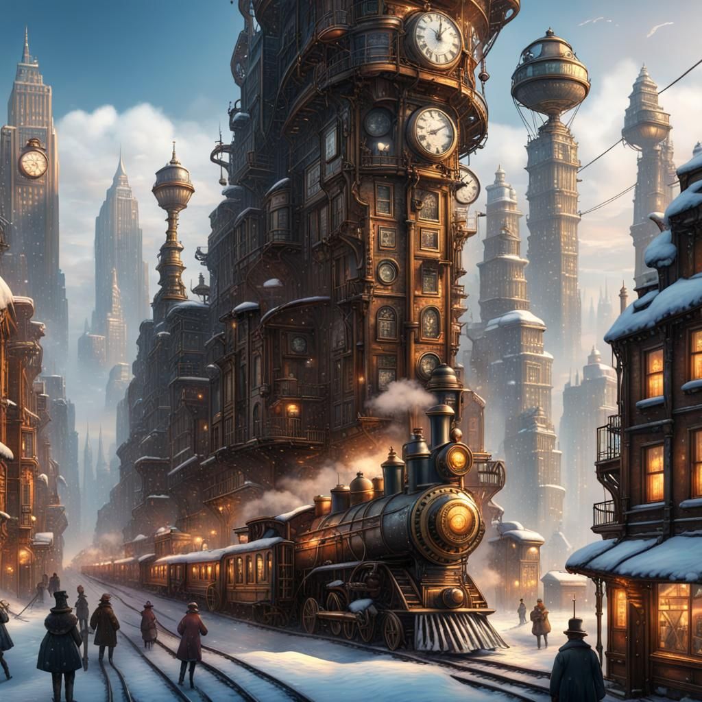 steampunk, a snow-covered cityscape with towering skyscrapers, steam trains, airships, and clockwork ...  by @bohem007