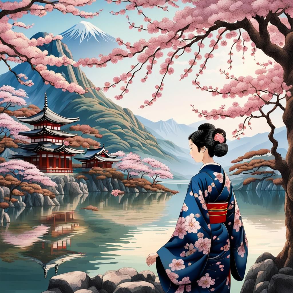 Woman in an intricate kimono ,  beautiful ancient sakura tre...