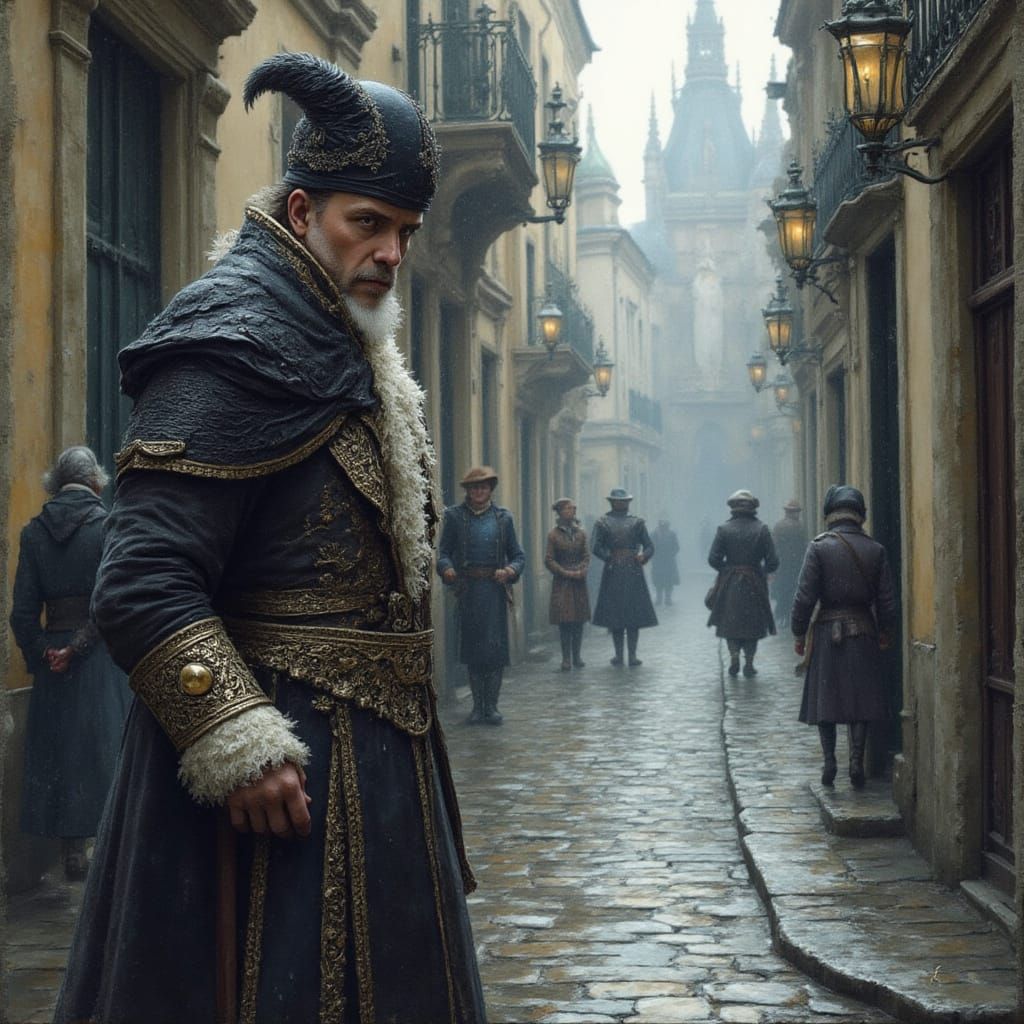 <lora:bildraum:1.0> A chevalier in a luxurious robe with lace cuffs and a feathered hat in medieval Paris. the wet surface gleams with silve...