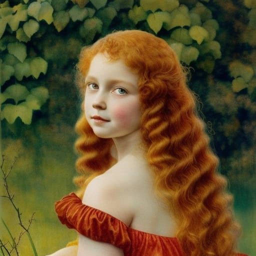 A red haired girl in a garden, by Alan Lee