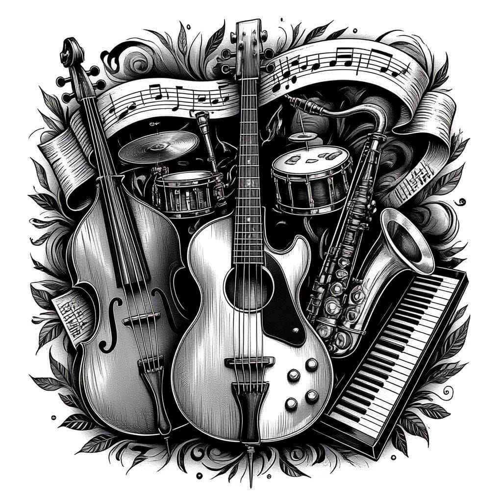 a tattoo idea consisting jazz instruments in black and white form, including a jazz guitar, a double bass, a sax, a trumpet, a jazz drum an ...