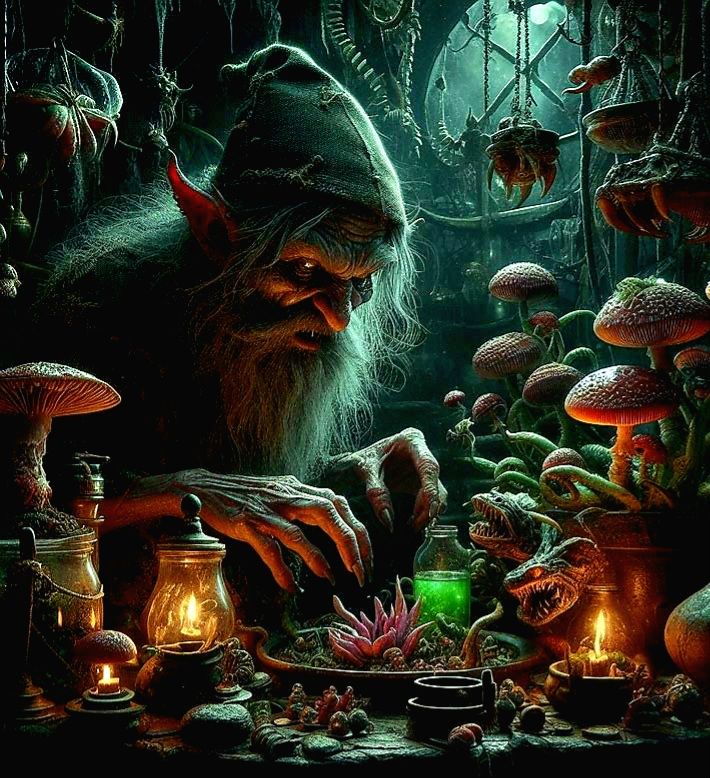 Gnome. Carnivorous plants. Wizard.