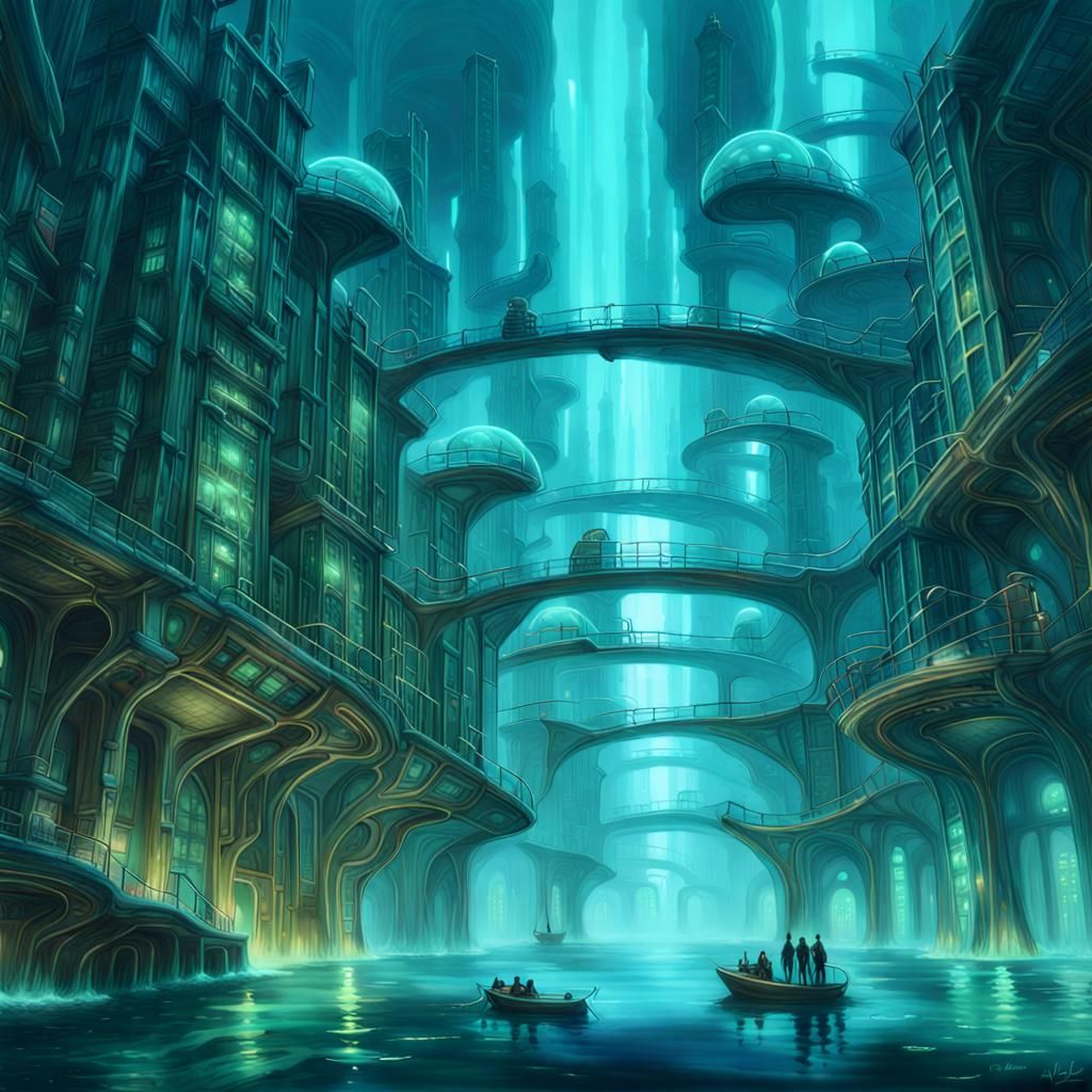 Bioluminescent Underwater City - Subject: A city beneath the ocean with ...