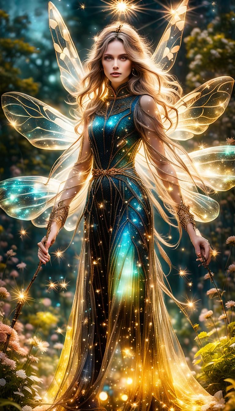 A transparent sparkle Glass Woman dressed in a long flowing glass bee's dress, with long black and blonde ...  by @Carrie David Parr 