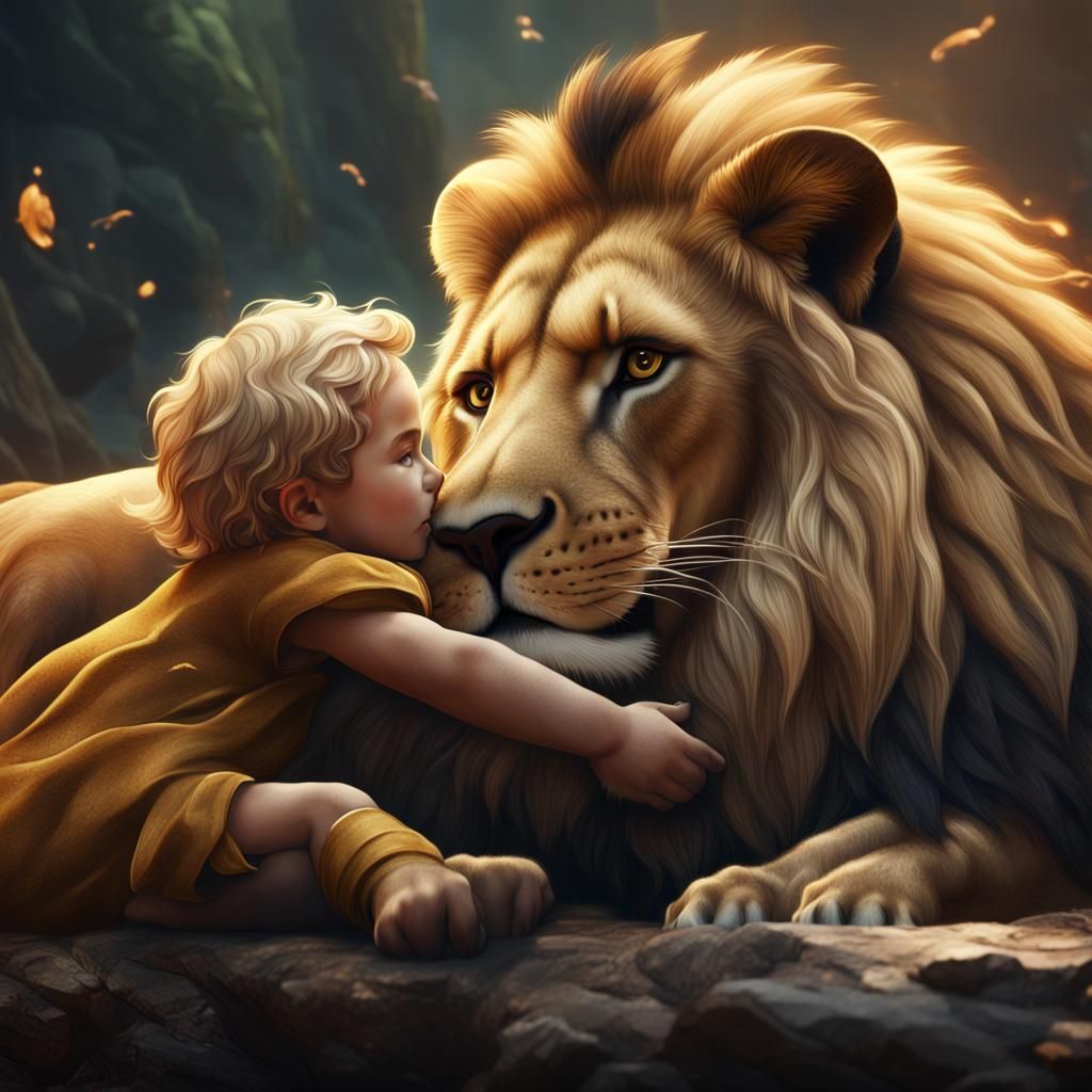 Lion Cuddling Toddler: Detailed Matte Painting