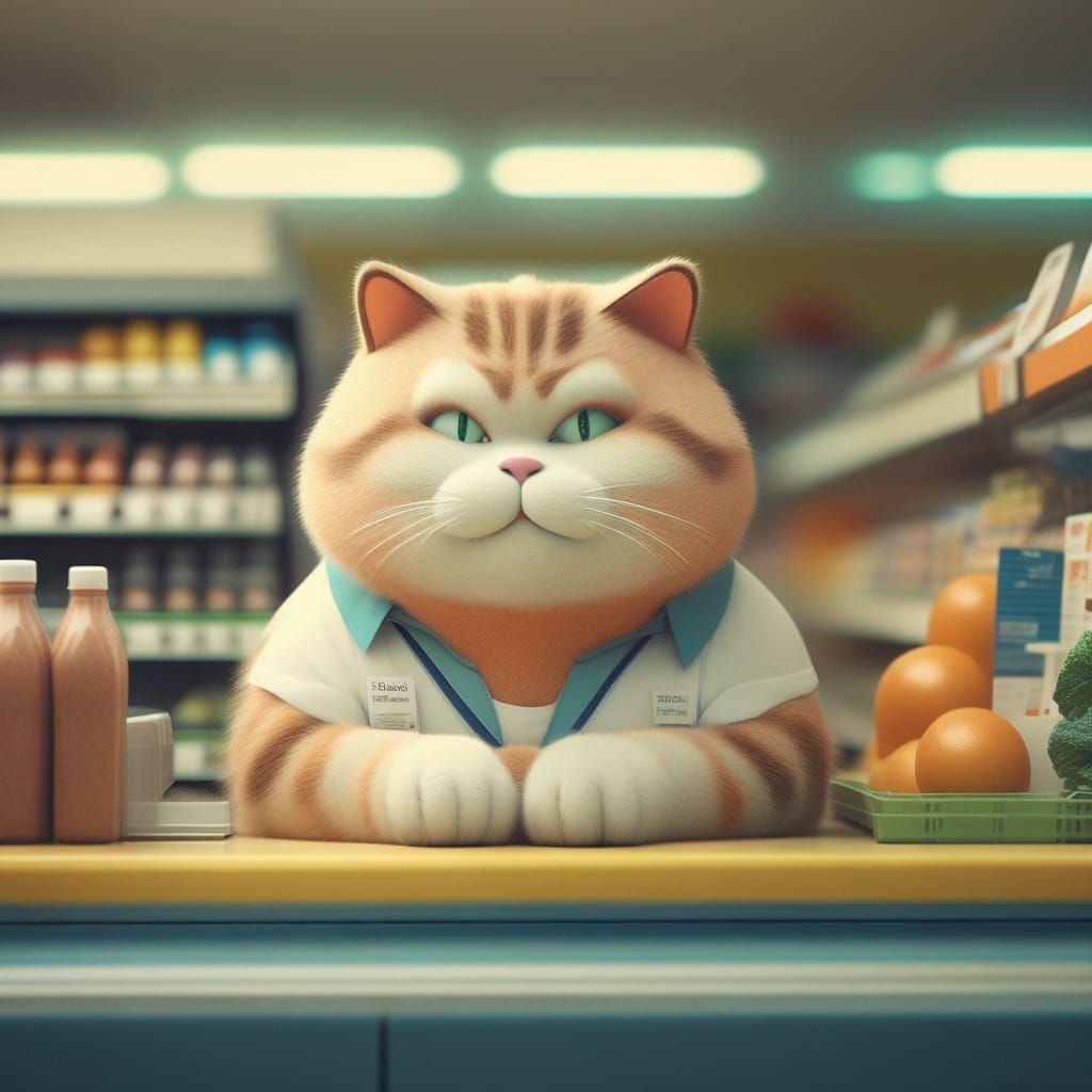 A chubby cat working as a cashier at a grocery store  by @Hintero