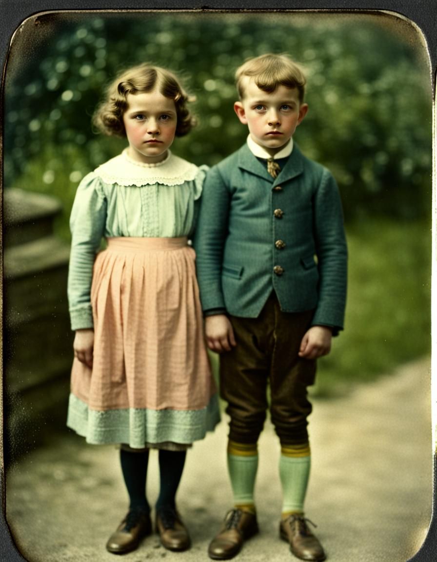 Lumière Autochrome of a little brother and sister