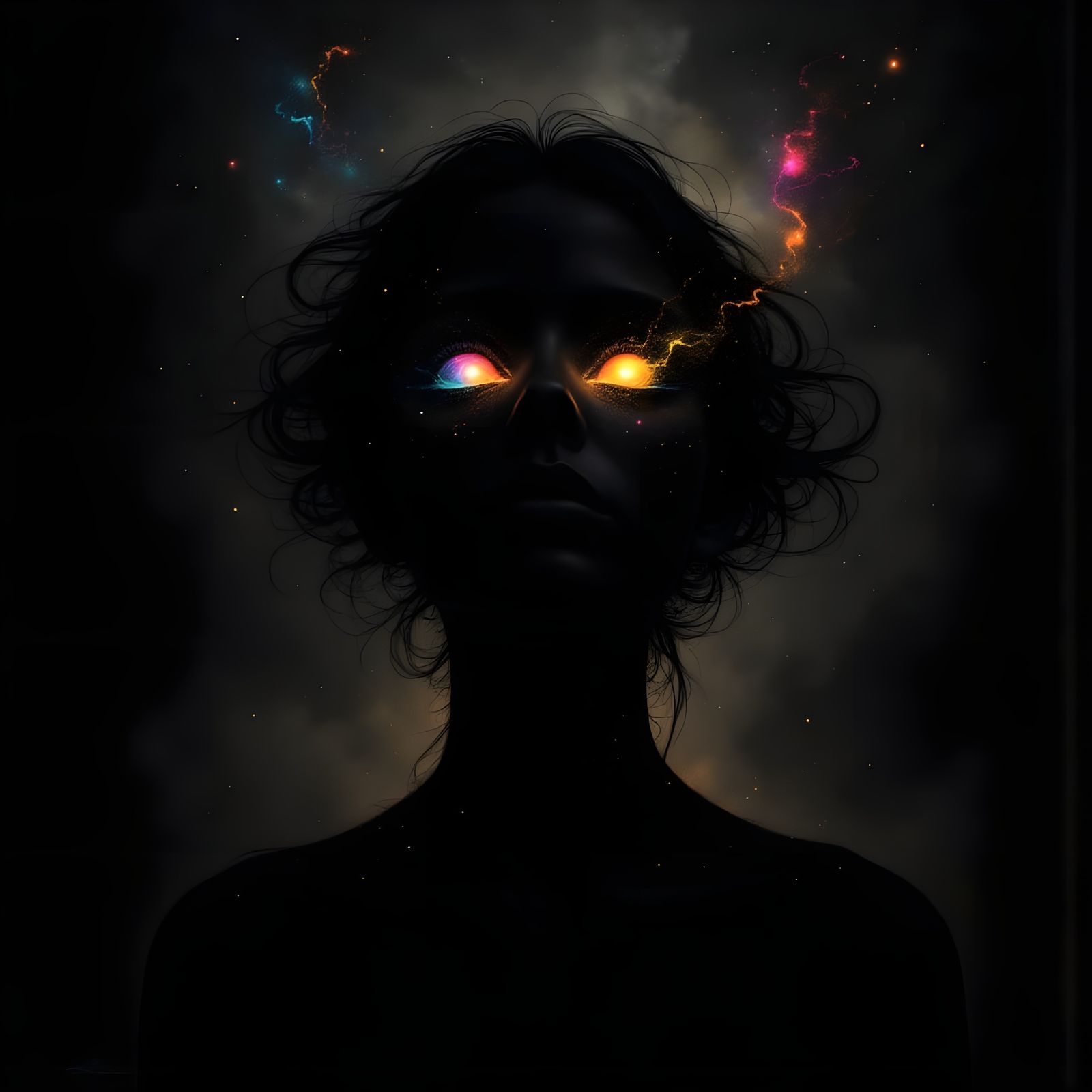 <lora:StarryEyes:1.0> A surreal, dreamlike female silhouette rendered in black, contrasted with glowing, luminescent details. The compositio...