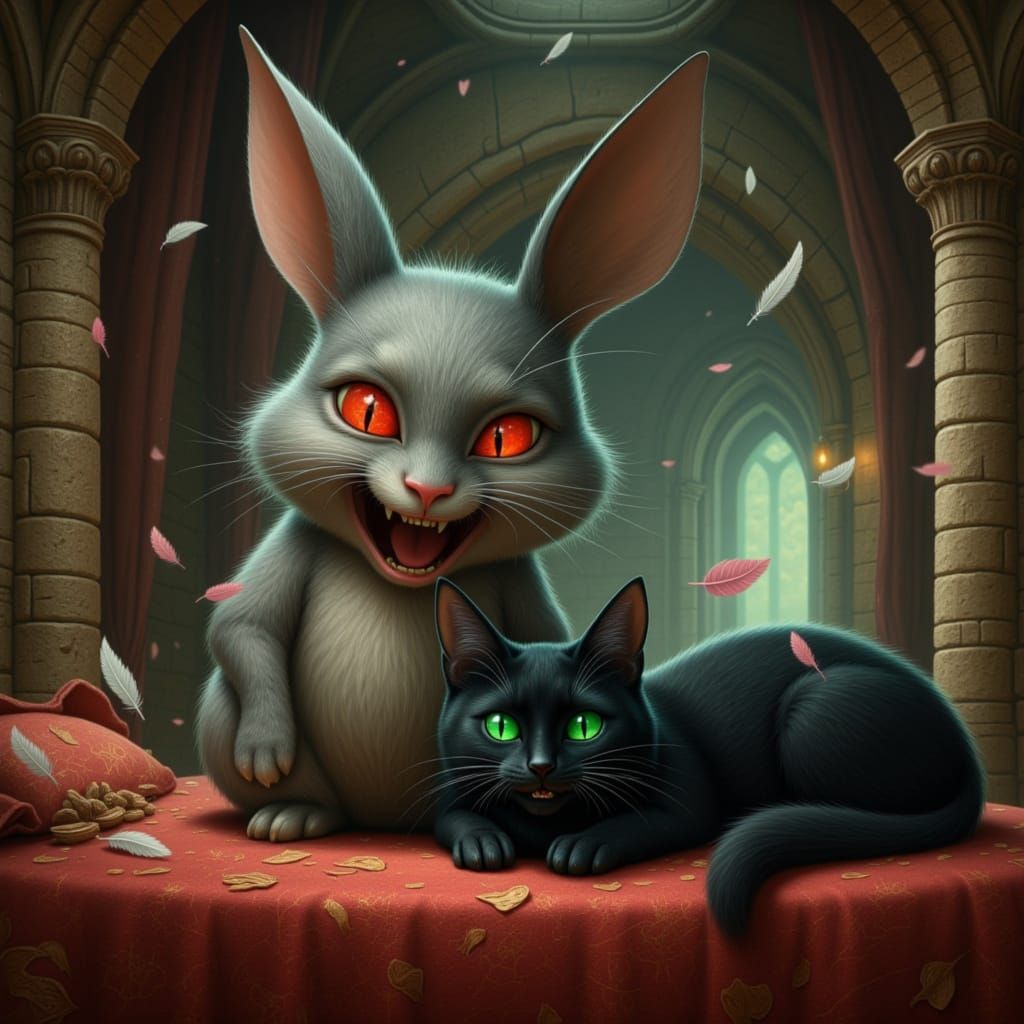Laffer the demon bunny WITH GREY FUR and red eyes Laughing hysterically and Albus the cat with pure black velvet fur and emerald eyes laying...