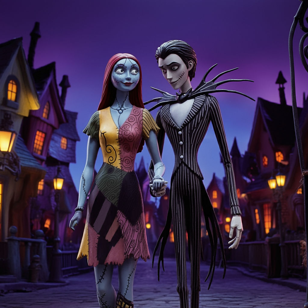 Jack and Sally on a date in Halloween Town