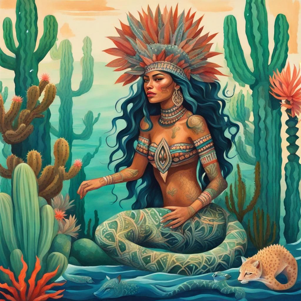 Beautiful Aztec mermaid with underwater cactus