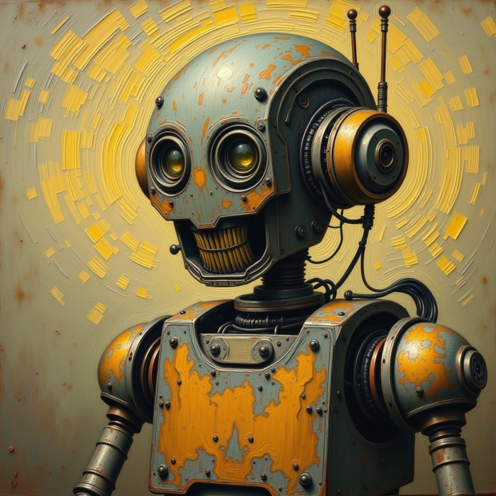 <lora:Old World Robo:1.0> "van gogh" oil painting style portrait of an aged and warn robot built with technology from the 1920's